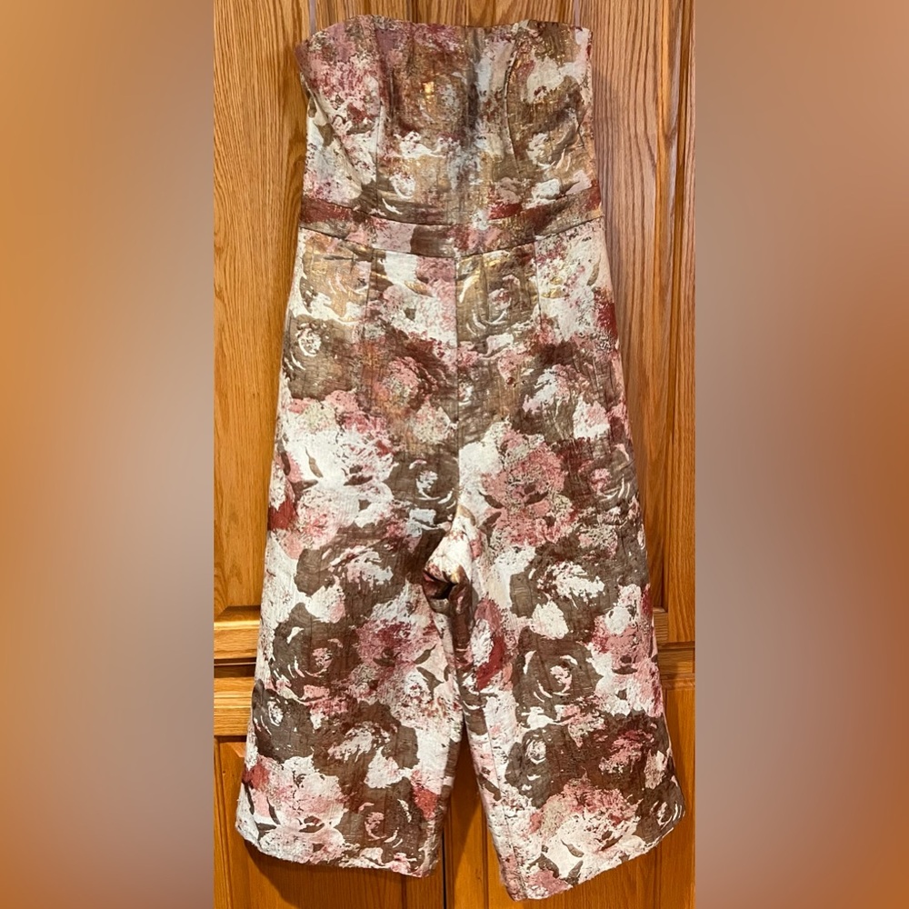 Anthropologie x Hutch Strapless Cropped Wide Leg Metallic Floral Jumpsuit Size 8